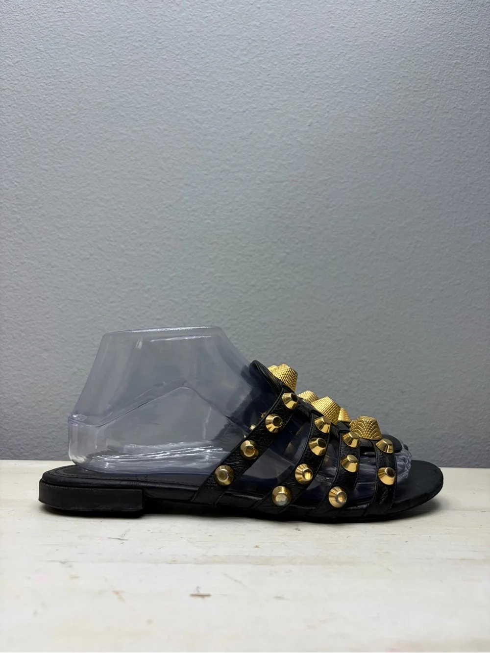Balenciaga Black Leather Palladium Giant Gold Studded Flat Sandals Size 38